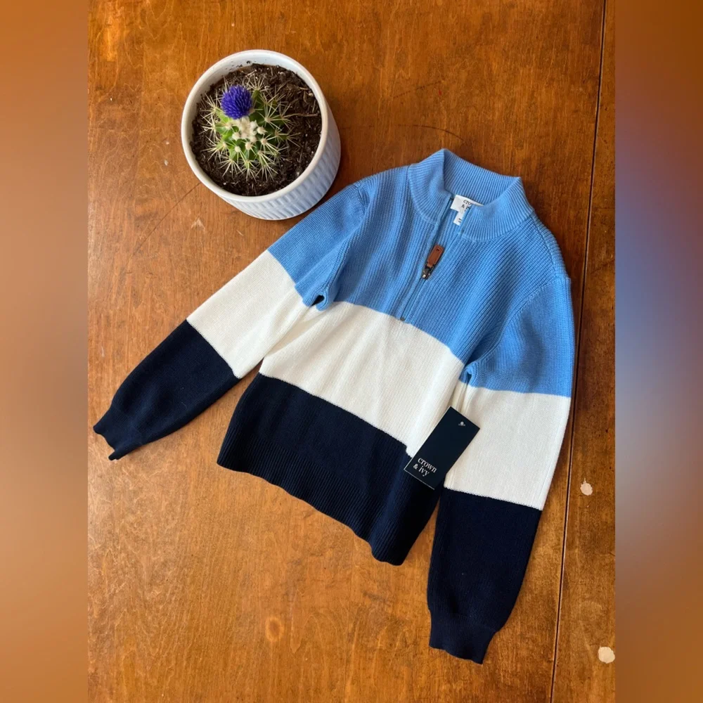 Crown & Ivy Boys 5T Blue White Navy Colorblock Quarter Zip Sweater NWT
